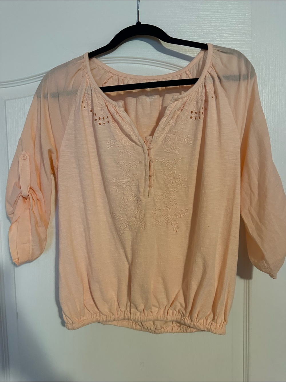 Light Peach Embroidered Peasant Top - Women's Casual Blouse